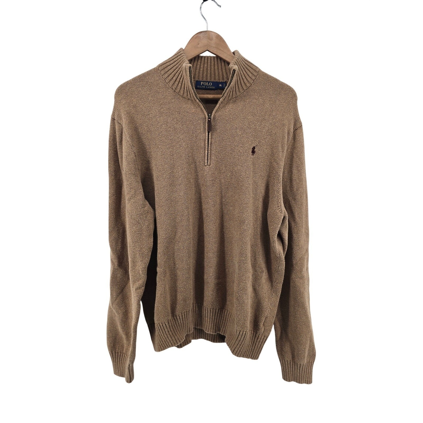 Polo Ralph Lauren Quarter Zip Mens Xl Brown Cotton Mock Neck Pony Logo Sweater